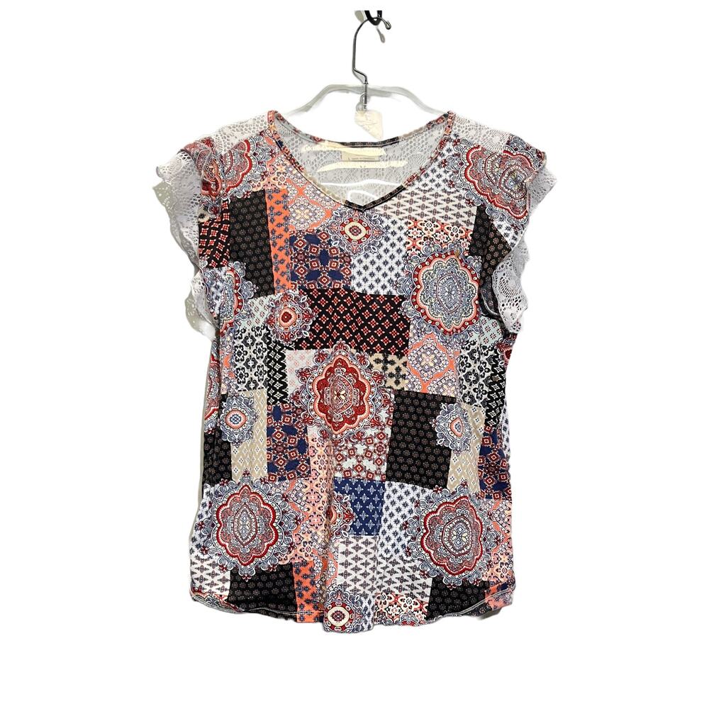 Bobbie Brooks Blouse Womens Size Large Blue Red Patchwork Ruffle N Lace Shirt